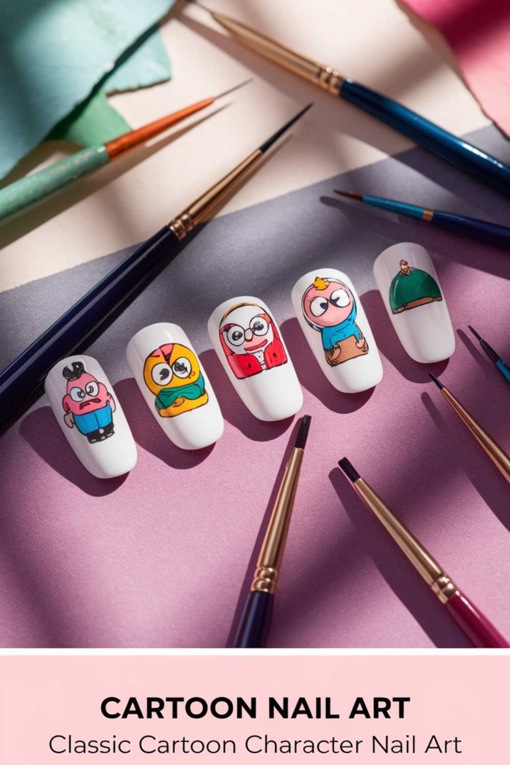 Showcasing Cartoon Nail Art Designs, this display features beloved classic characters on white nails. Encircled by vibrant paintbrushes and fabric, its labeled Cartoon Nail Art with the tagline: Classic Cartoon Character Nail Art.