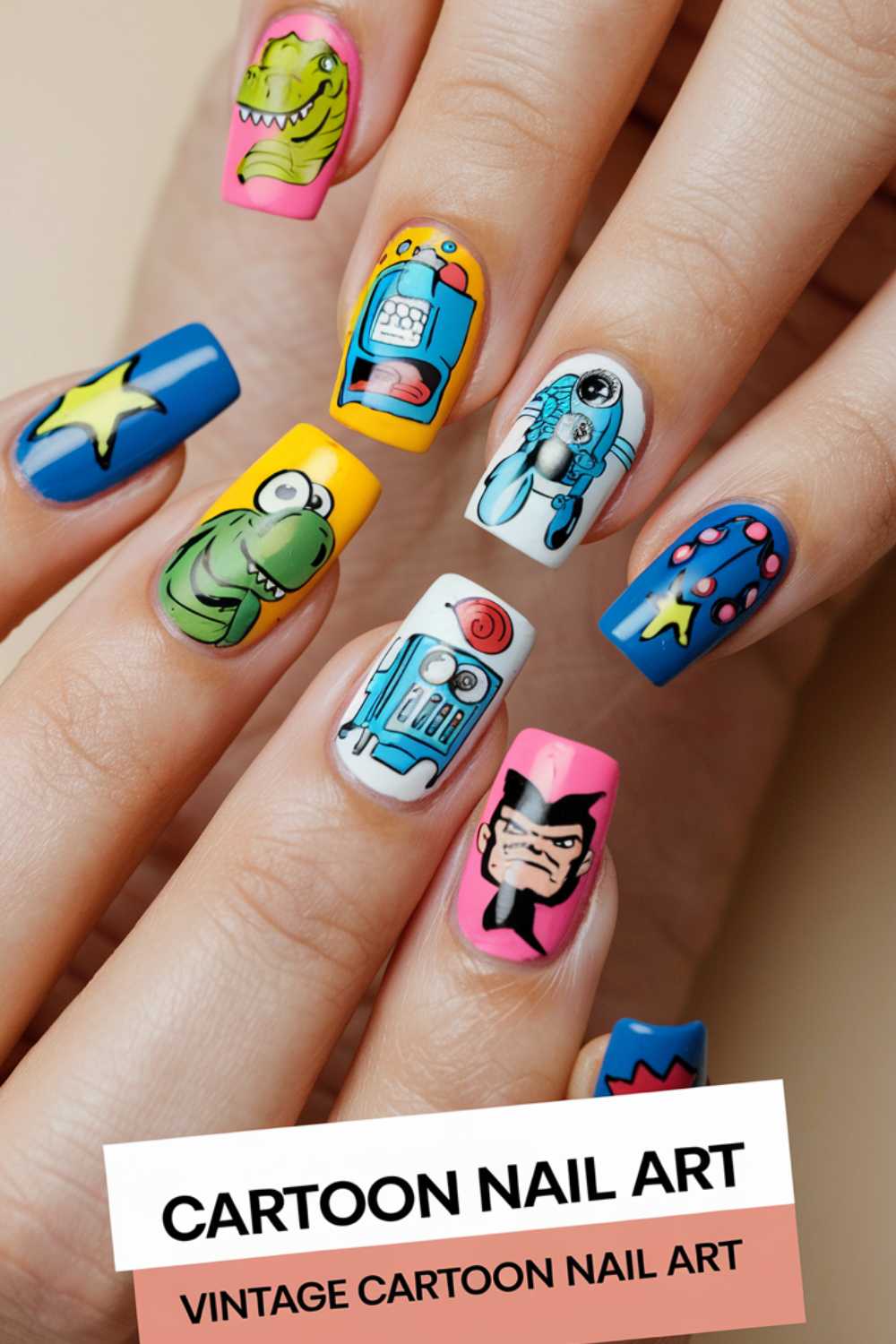Close-up of a hand with vibrant Cartoon Nail Art Designs. Each nail boasts a different vintage cartoon character with colorful elements like stars and rockets. Text at the bottom reads CARTOON NAIL ART and VINTAGE CARTOON NAIL ART.