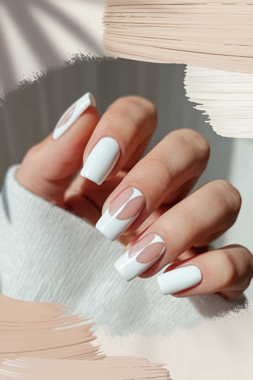 A close-up of a hand with a stylish manicure featuring long, white nails. Each nail has a transparent wavy design near the base, creating a chic and modern look. The background has a soft, blended color pattern.
