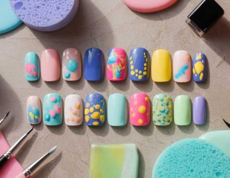 An array of colorful, artistic press-on nails with abstract designs showcases jelly nail art ideas, surrounded by various painting brushes and sponges in pastel hues on a textured surface.